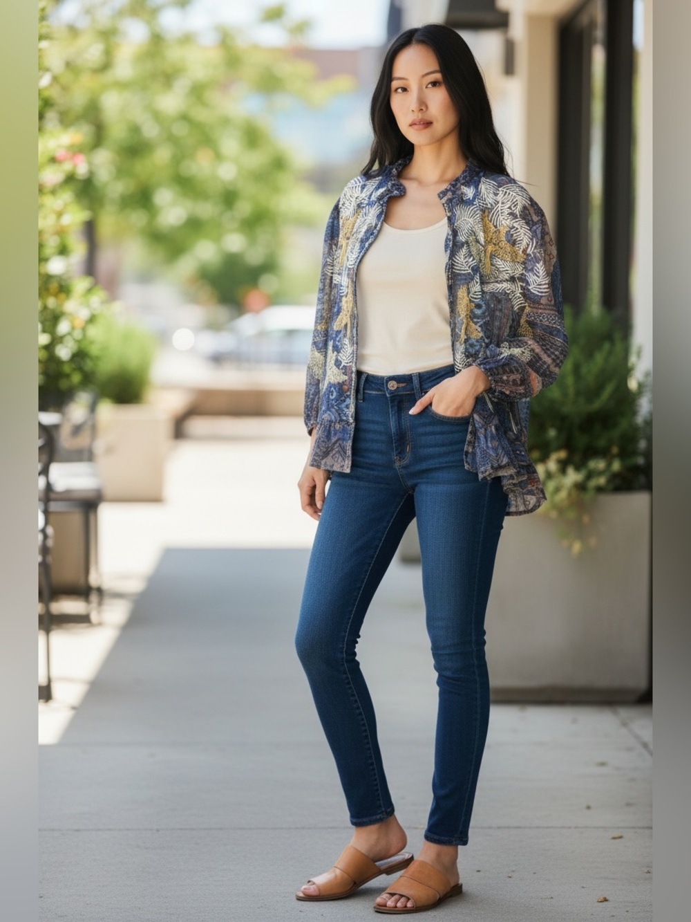 Johnny Was Noemie Mesh Blue Blouse XS Embroidered Phoenix Bird Sheer Top